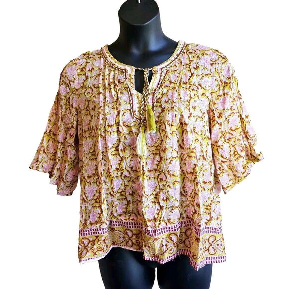 Sigrid Olsen linen size large bohemian spring floral tie front blouse summer - Picture 1 of 5